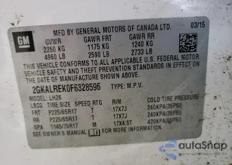 2015 GMC Terrain Sle из США, поврежденный, VIN 2GKALREK0F6328596